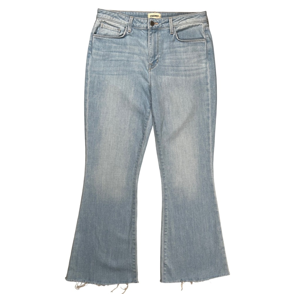 L'AGENCE Sera Flare Jeans Women 29 Blue Cloud High Rise Raw Hem Stretch Denim